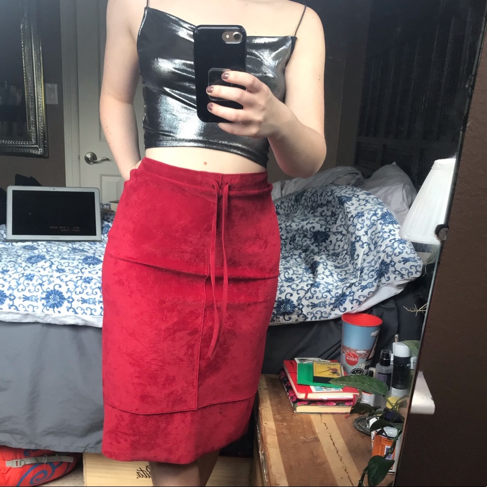 Suede red midi skirt